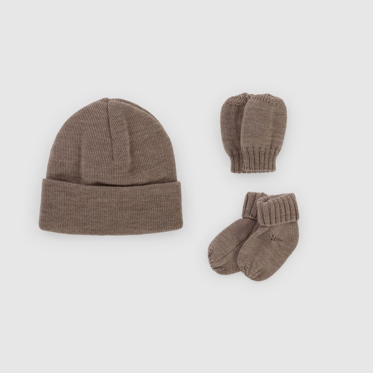 Taupe merinowollen babyset met muts, wanten en slofjes – zachte warme set van 100% merinowol
